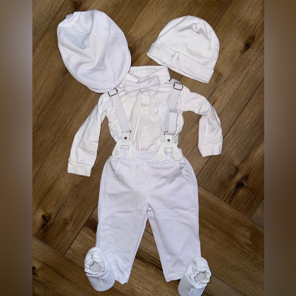 Baby Boy White Christening Outfit with Suspenders & Bow Tie, 2 Different Hats